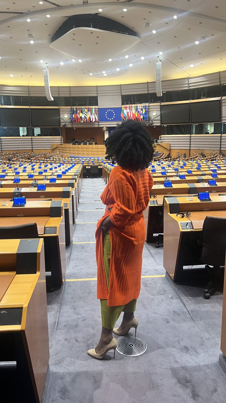Cynthia Kå de dos, dans un hémicycle